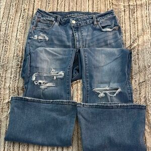 American Eagle Outfitters Blue Distressed Flare Curvy-fit X-Long Jeans